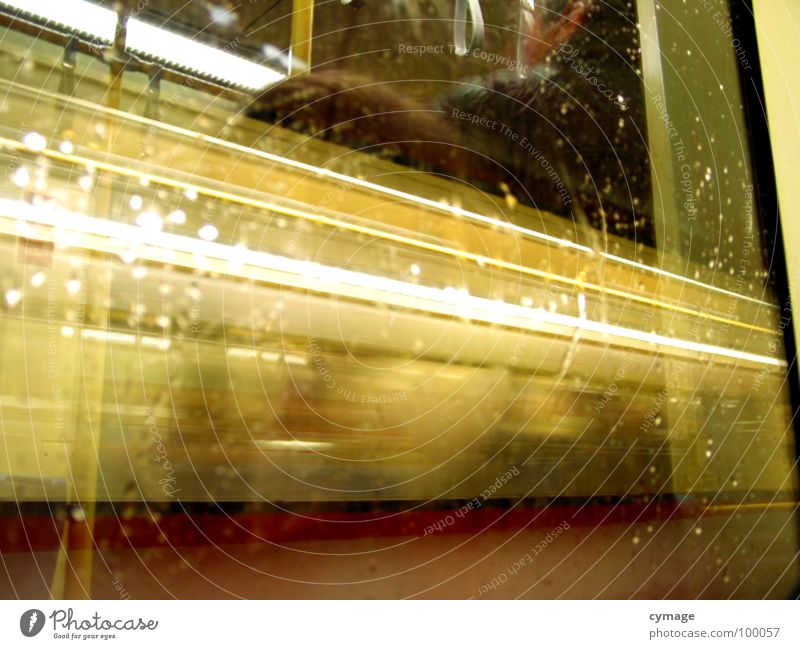 draught of light Light Stripe Train compartment Window Reflection Speed Yellow Action Strip of light Long exposure pass Railroad Blur