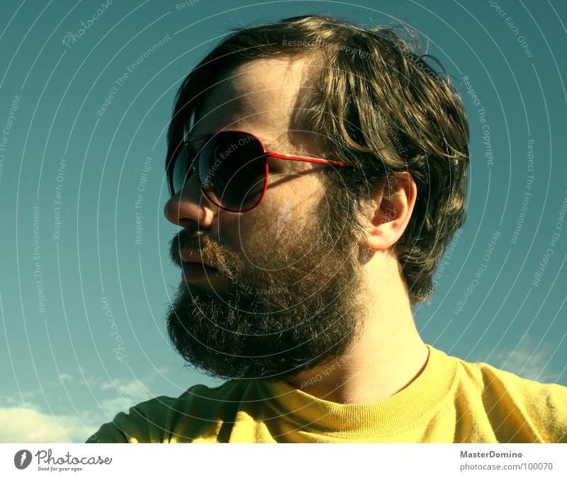 Almost bursting with joy Man Facial hair Beard Sunglasses Clouds Green Yellow Portrait photograph Self portrait Porno glasses Easygoing Gloomy Boredom Converse