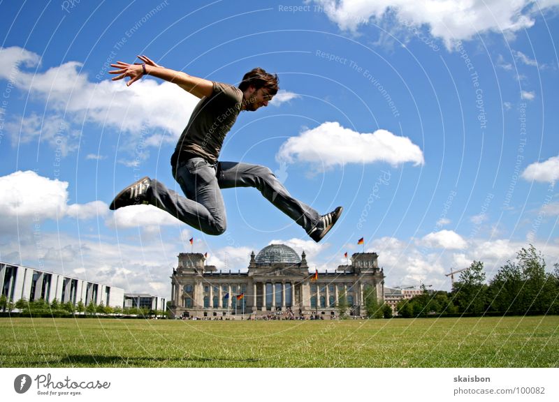 weekend terrorist Joy Body Playing Trip Summer Beautiful weather Meadow Capital city Tourist Attraction Landmark Monument Reichstag Flying Jump Exceptional