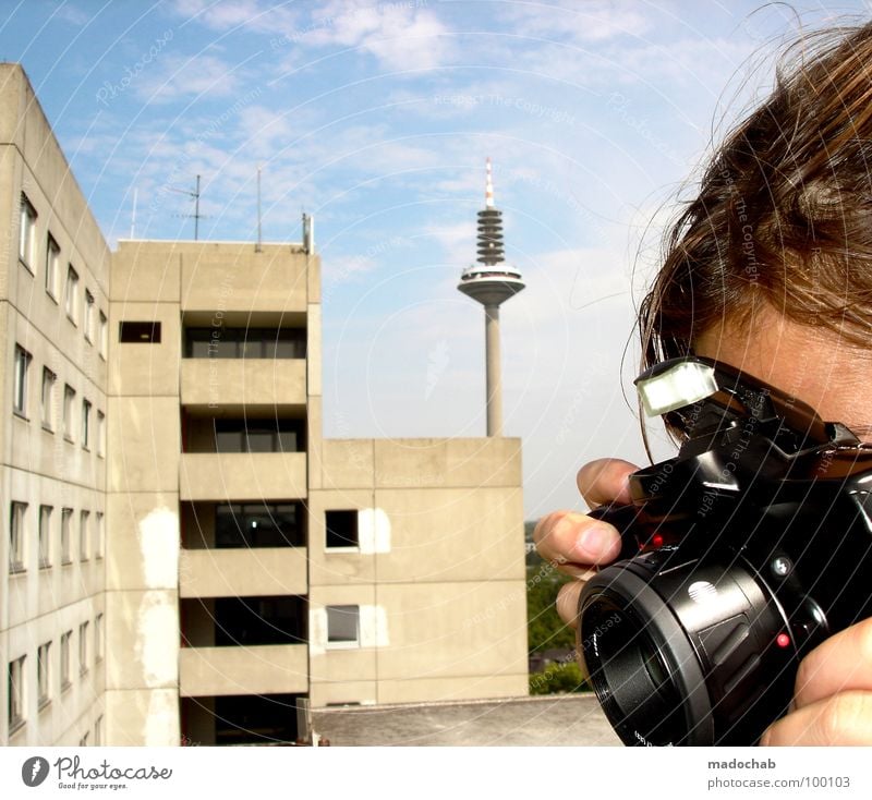 SIGHTSEEING Woman Human being Photographer Take a photo Frankfurt Student accommodation Block Building Gray Gloomy Clouds Sky Summer Balcony Window Facade