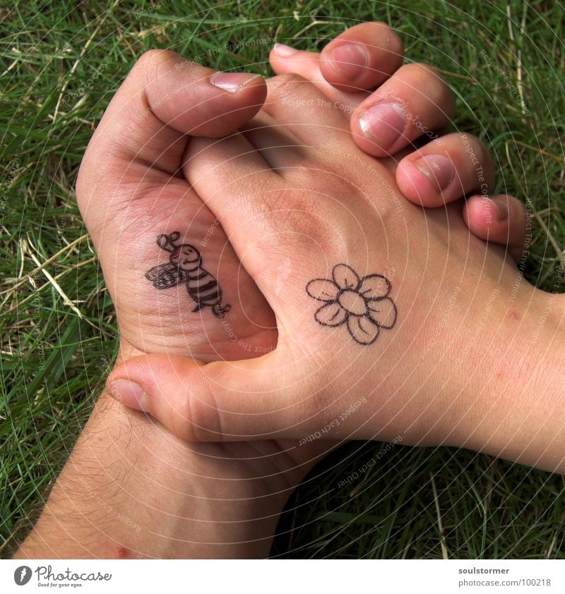 Bees and flowers pt3 Blossom Hand Fingers Thumb Hold hands Going Love Touch Spring fever Passion Flower Grass Foliage plant Meadow Comic Sign language