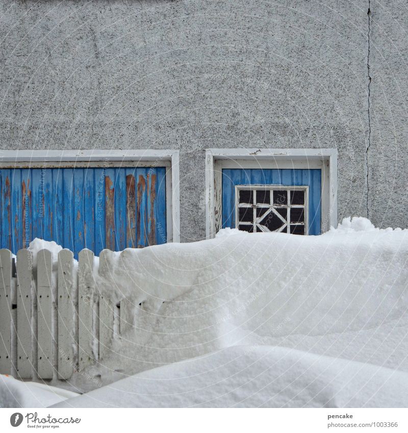 snow from yesterday Elements Winter Climate change Weather Snow Village House (Residential Structure) Facade Door Sign Authentic Cold Retro Blue Whimsical Fence