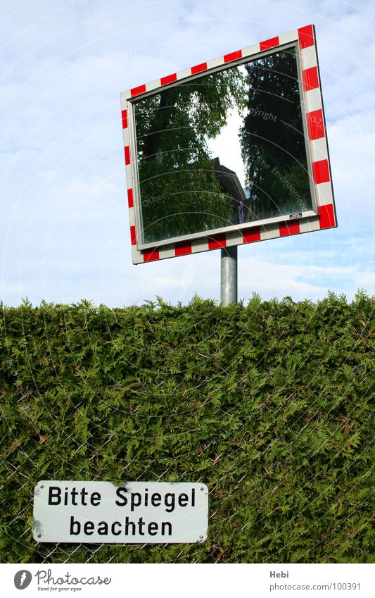 Please note mirror Mirror Hedge Warning sign Red White Green Reflection Mirror image Backwards Car driver Warning label Rear view mirror Signs and labeling