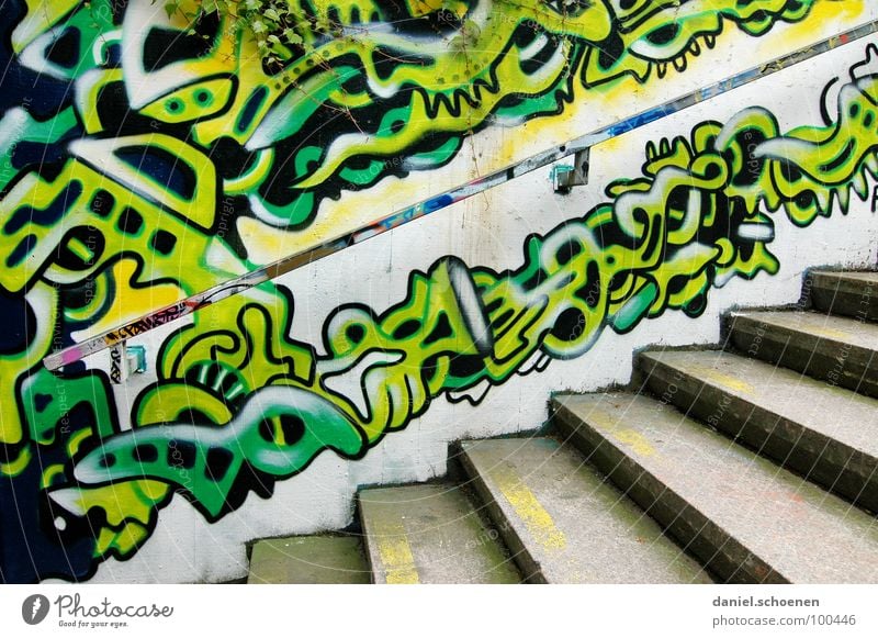 staircase painting Pattern Abstract Background picture Multicoloured Green Cyan Yellow Painting and drawing (object) Spray Ornament Art Gray Street art Detail