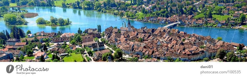 View of Stein Am Rhein Panorama (View) Lake Historic River Brook Stone on the Rhine Lake Constance Old town City wall city centre Bridge pano Island Large