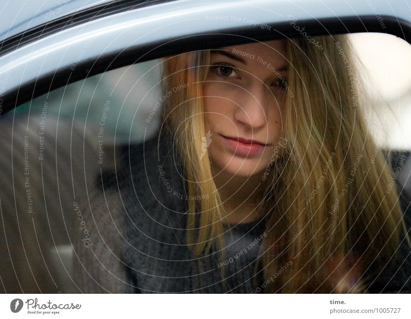 young woman in a car Young woman Youth (Young adults) 1 Human being Car Sweater Blonde Long-haired Observe Looking Sit Wait pretty Feminine Contentment