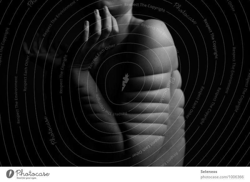 corset Body Skin Human being Feminine Arm Hand Fingers 1 Line Stripe Naked Pain Cramped Distress Force Black & white photo Interior shot Light Shadow Contrast