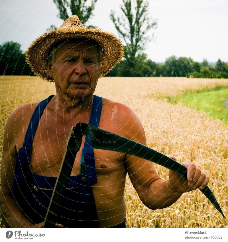 The Grim Reaper Scythe Field Agriculture Farmer Grandfather Man Brown Sunbathing Leather Executioner Tee off Wheat Overalls Old Straw hat Craft (trade)