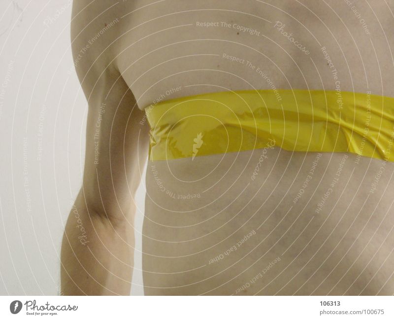 THERE IS NO NIPPLEGATE [0125/01] Man Adhesive tape Performance art Art Esthetic Contents Yellow Vessel Thought Bra Reserved Safety (feeling of) Illogical Normal