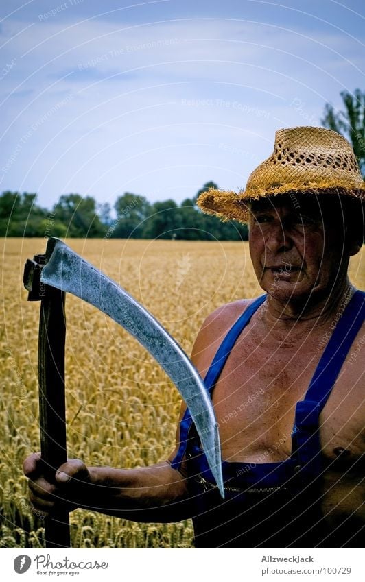 Grandpa Grim Reaper The Grim Reaper Scythe Field Agriculture Farmer Grandfather Man Brown Sunbathing Leather Executioner Tee off Wheat Overalls Old Straw hat
