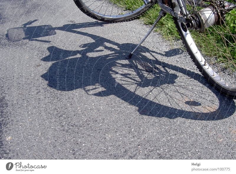 Bicycle casts its shadow on an asphalt road Stand Cycling tour Wheel rim Pillar Basket Spokes Shadow play Break Summer Grass Roadside In transit Joy