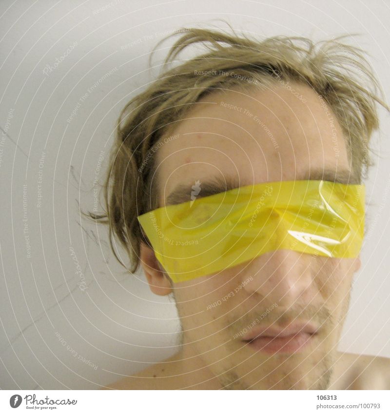 DON'T TRUST THE DEVIL [0125/02] Devil Blindfold Connectedness Vision Scythe Man Adhesive tape Performance art Art Esthetic Contents Yellow Skeleton Vessel