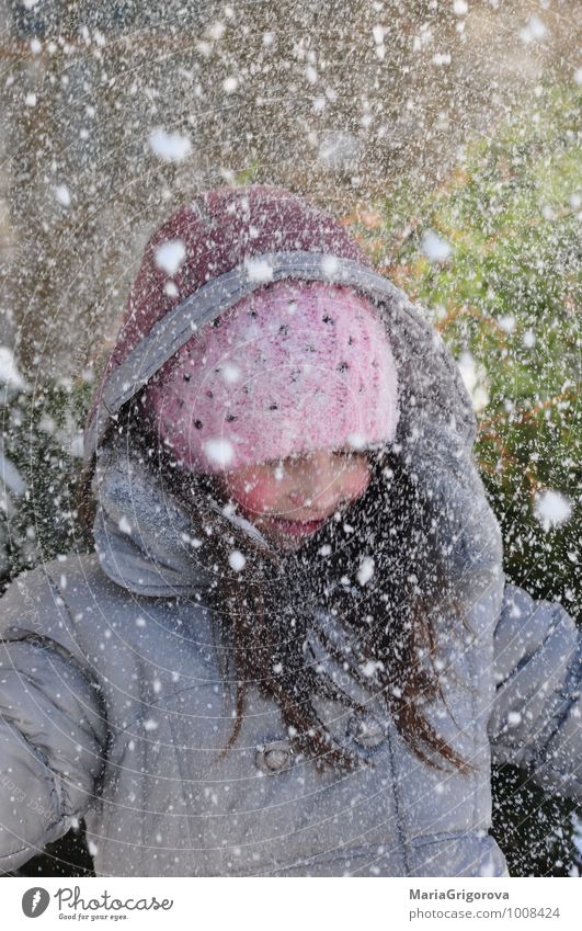 Snow Winter Winter vacation Human being Child Girl Head 1 3 - 8 years Infancy Nature Landscape Garden Jacket Cloth Hat Emotions Joy Happiness Euphoria