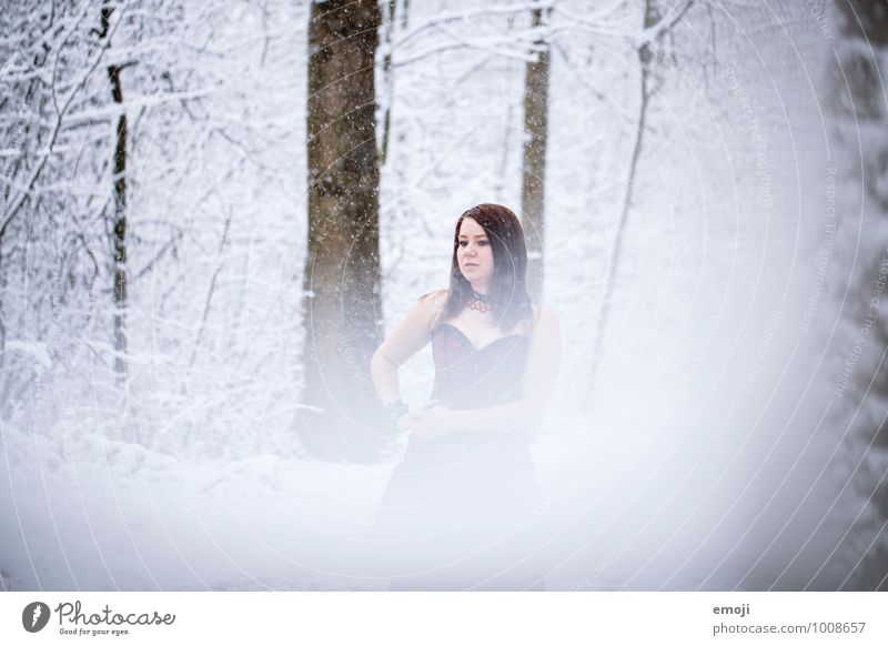snow Feminine Young woman Youth (Young adults) 1 Human being 18 - 30 years Adults Environment Nature Winter Snow Snowfall Forest Cold White Colour photo