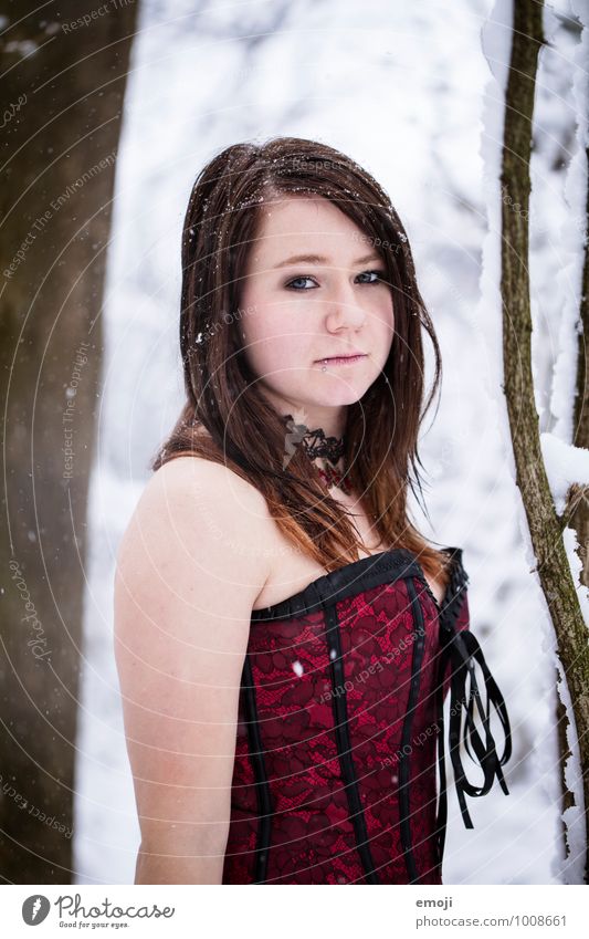 snowflakes Feminine Young woman Youth (Young adults) 1 Human being 18 - 30 years Adults Winter Snow Dark Cold Gothic style Colour photo Exterior shot Day