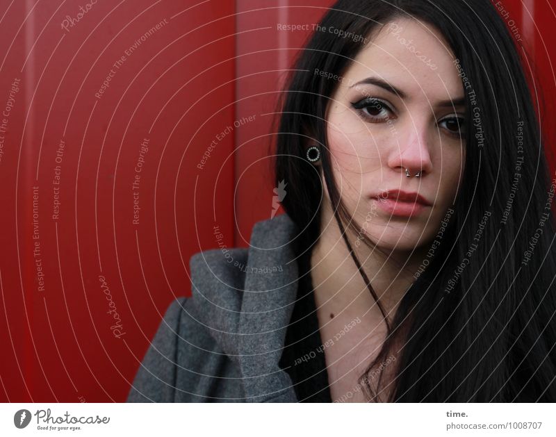 . Feminine Young woman Youth (Young adults) 1 Human being Container Coat Piercing Earring Black-haired Long-haired Observe Looking Wait Dark Beautiful