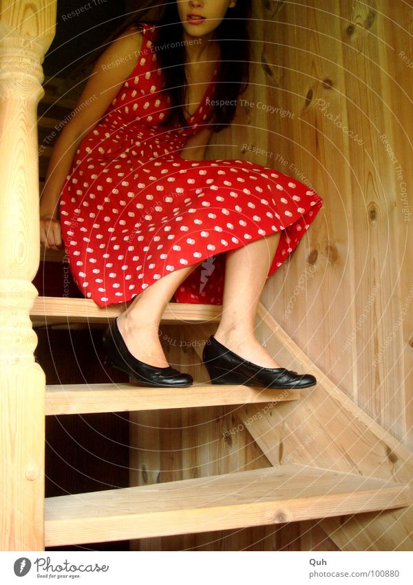 instant Wood Woman Feminine Dress Footwear Long Black Red White Surprise Facial expression Expectation Fear Stairs Turn on the lathe Youth (Young adults)