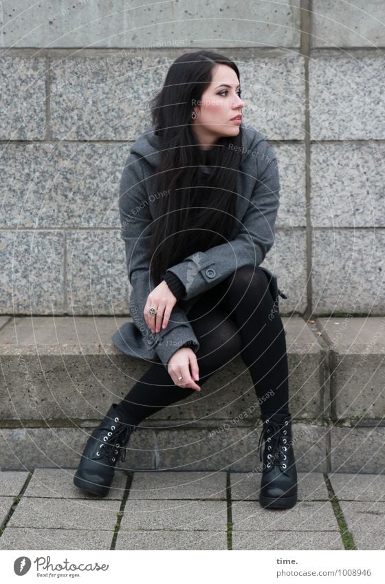 . Feminine Young woman Youth (Young adults) 1 Human being Wall (barrier) Wall (building) Stairs Coat Boots Black-haired Long-haired Observe Looking Sit
