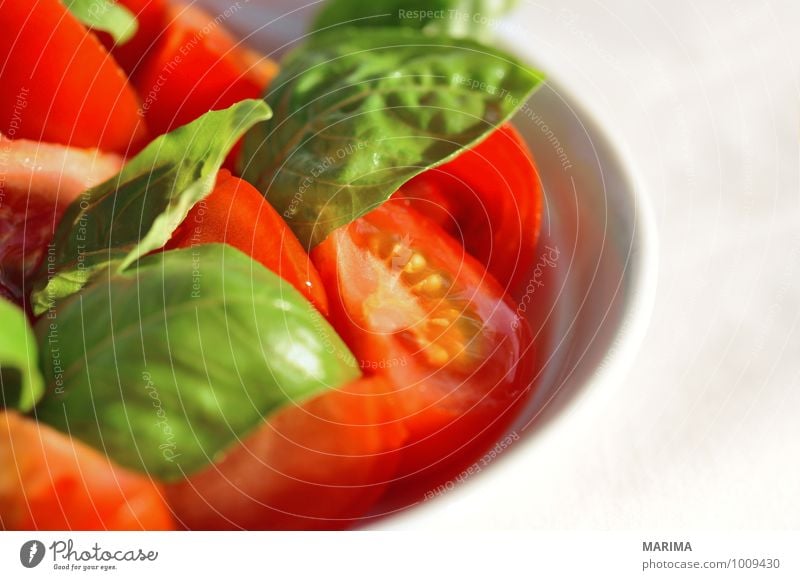 detail of tomato-basil salad Food Vegetable Nutrition Buffet Brunch Vegetarian diet Plate Gastronomy Environment Nature Leaf Love Fresh Cold Delicious Green Red