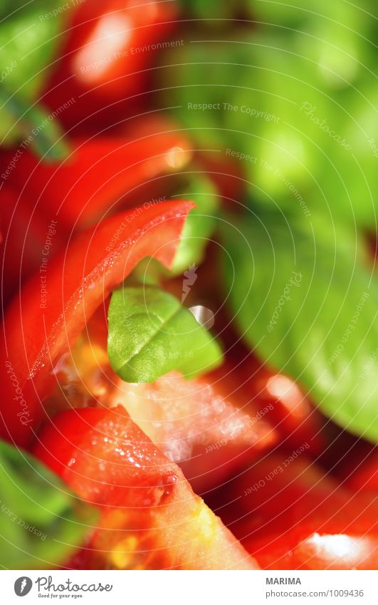 detail of tomato-basil salad Food Vegetable Nutrition Buffet Brunch Vegetarian diet Gastronomy Environment Nature Leaf Love Fresh Cold Delicious Green Red