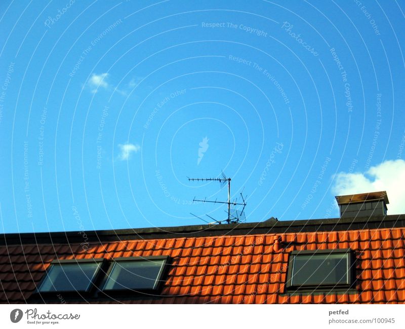 Over the roof the sky Roof Red Window 3 Antenna Clouds White Closing time Flat (apartment) House (Residential Structure) Leisure and hobbies Brick Sky Blue