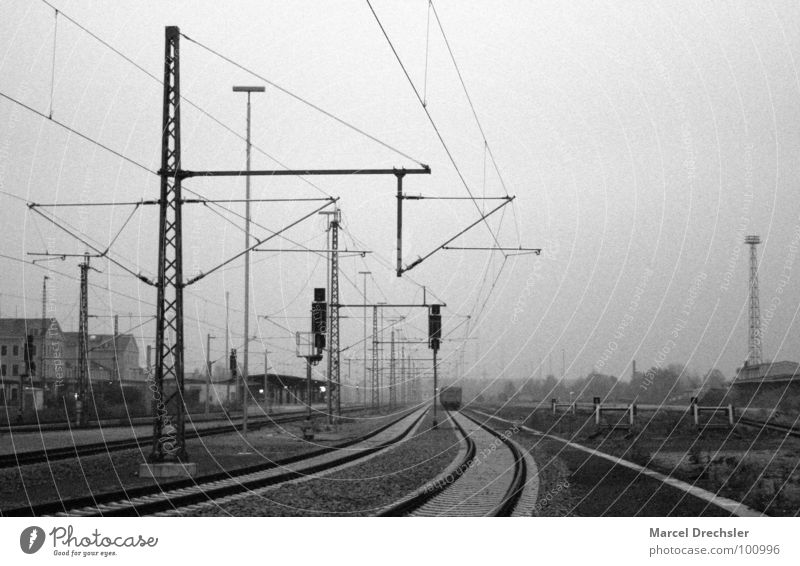 Old Freiberg railway station Railroad tracks Grief Dark Black White Gray Railroad car Electricity Train station Distress Black & white photo Cable Sadness Calm