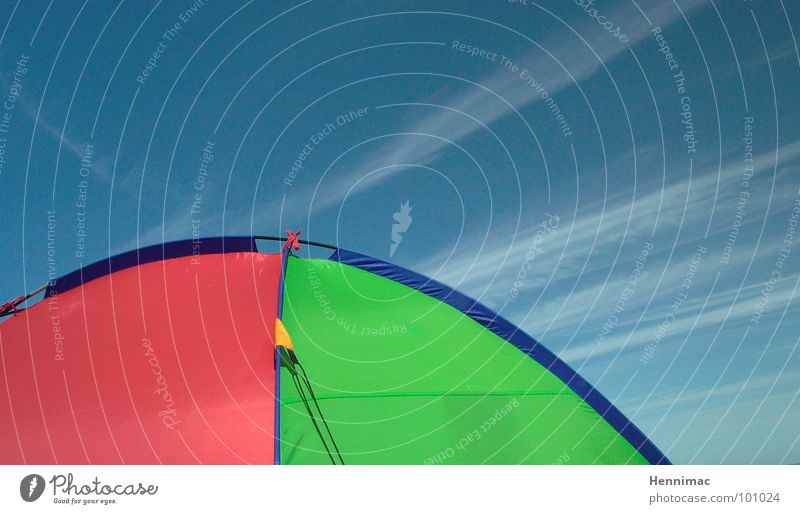 firmament Tent Multicoloured Red Green Yellow Clouds Spider Corner Triangle Camping Camping site Beach Round Summer Colour Blue Sky Back Network Arrow Detail