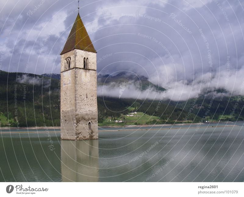 sunken dreams Church spire Lake Reschen Italy Reschnpass South Tyrol Reservoir Go under House of worship old gray grey passo del resia lago del resia curon