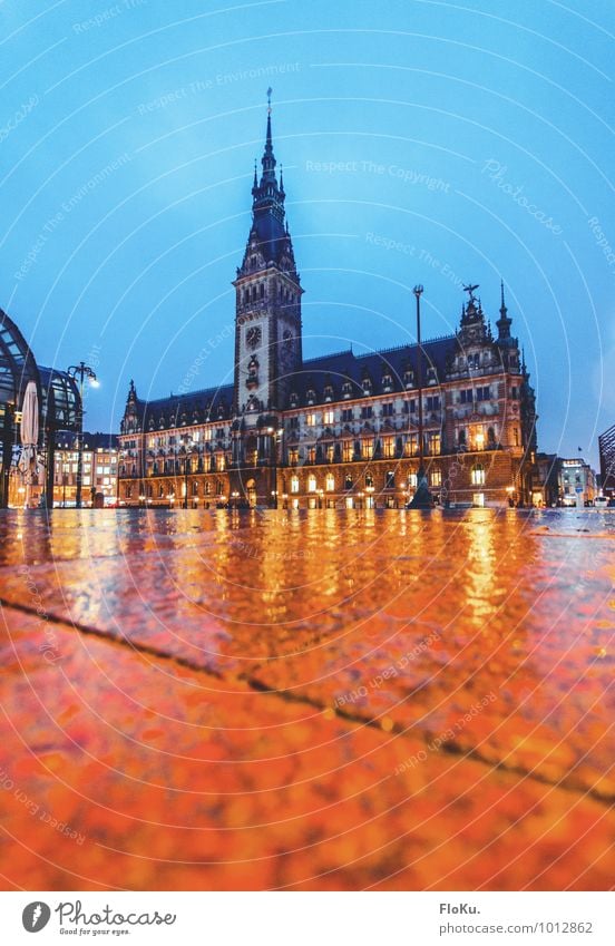 Hamburg City Hall Water Clouds Bad weather Rain Town Port City Downtown Old town Deserted Places City hall Tower Manmade structures Building Tourist Attraction