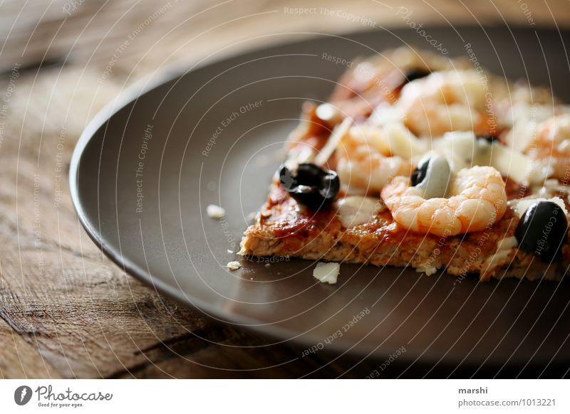 piece of pizza Food Nutrition Eating Lunch Dinner Italian Food Moody Pizza Shrimps Seafood Appetite Snack Plate Delicious Olive Colour photo Interior shot