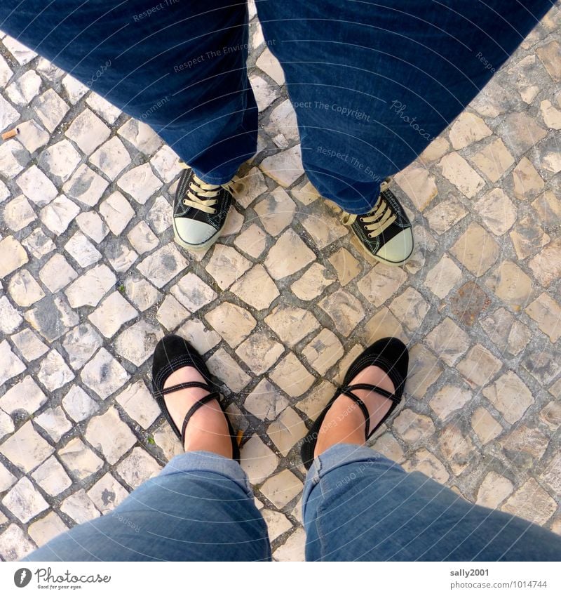 Comparison in square... Human being Legs Feet 2 Jeans Sneakers Ballerina Summer shoe Observe To talk Stand Together Hip & trendy Near Under Blue Sympathy