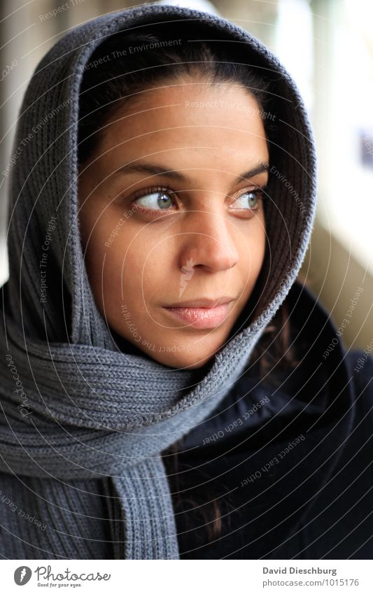 looking away Feminine Young woman Youth (Young adults) Face 1 Human being 18 - 30 years Adults Coat Scarf Headscarf Black-haired Blue Brown Yellow Gray White