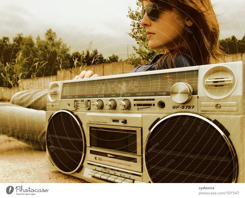 RADIO ACTIVE X Woman Style Music Sunglasses Industrial site Jacket Concrete Ghetto blaster Action Whim Emotions Backwards Derelict Human being Cool (slang) porn