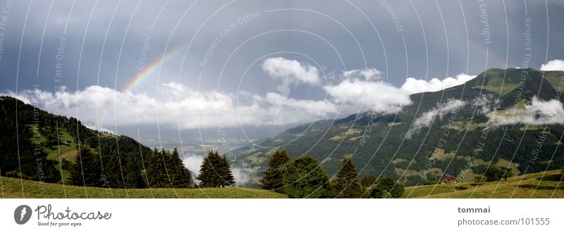 Rainbow in Valais (Panorama) Summer Autumn Clouds Canton Wallis Switzerland Panorama (View) Forest Meadow Green Dark Gray Light Reconciliation Mountain Weather