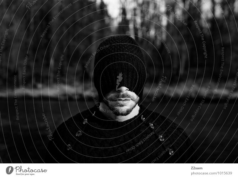 Who's afraid of sh...? Masculine Young man Youth (Young adults) 30 - 45 years Adults Autumn Bushes Forest River Fashion Sweater Cap Facial hair Dream Dark