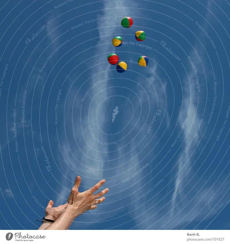 catcher Juggle Juggler Hand Bracelet Arranged Multicoloured Yellow Red Green Sky blue Heavenly Clouds Throw in the air Circle Formation Acrobatics Circus Art