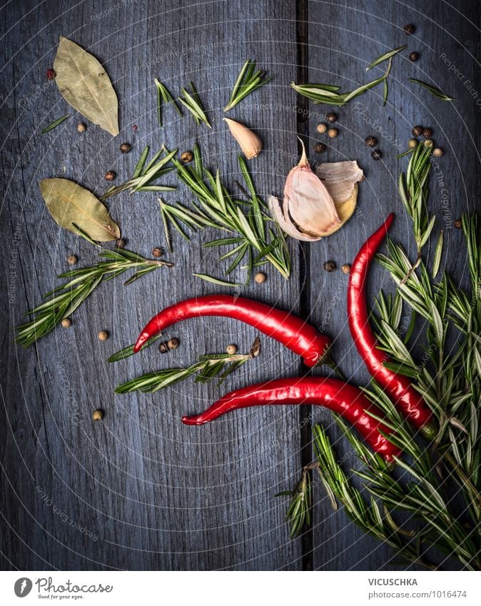 Red chilli and rosemary with spices Food Vegetable Herbs and spices Nutrition Style Design Life Kitchen Nature Chili Background picture Aromatic Blue Green