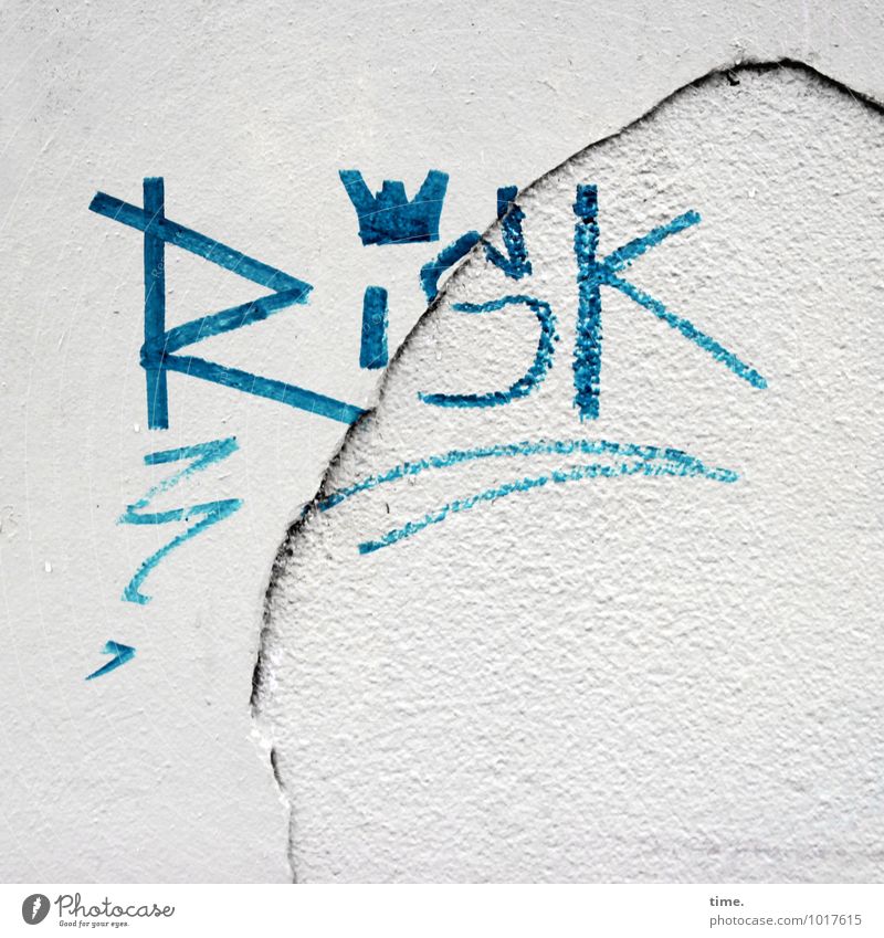 Risk Today's King Wall (barrier) Wall (building) Facade Stone Sign Characters Graffiti Crack & Rip & Tear Plaster Esthetic Sharp-edged Bright Rebellious Trashy