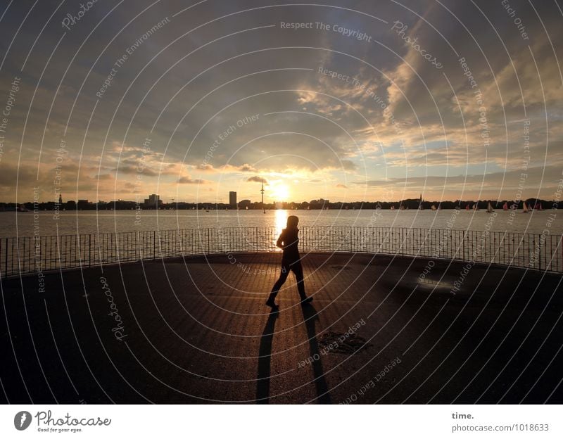 dusk walk 1 Human being Environment Landscape Water Sky Clouds Night sky Horizon Park Alster Hamburg Downtown Skyline Fence Pedestrian Lanes & trails Going Dark