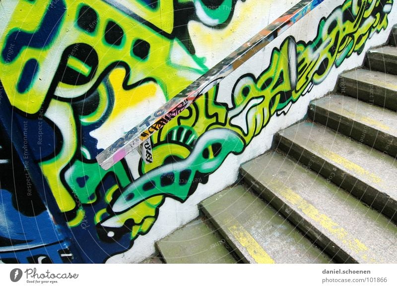 A staircase in Freiburg. Pattern Abstract Background picture Multicoloured Green Cyan Yellow Painting and drawing (object) Spray Ornament Art Gray Street art