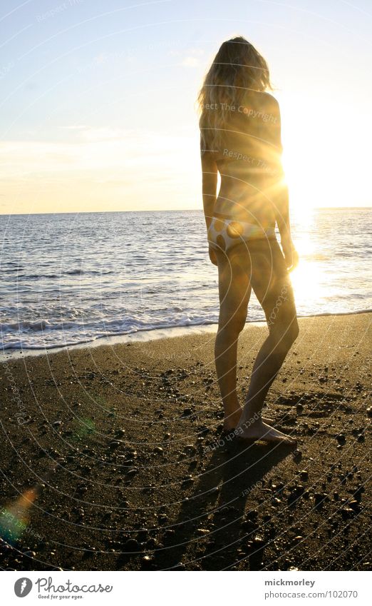sun goddess Summer Beach Ocean Waves Calm Vacation & Travel Brown Hot Naked flesh Bikini Zone La Palma Sunrise Sunset Stand To enjoy Dream Sand sea Blue chic