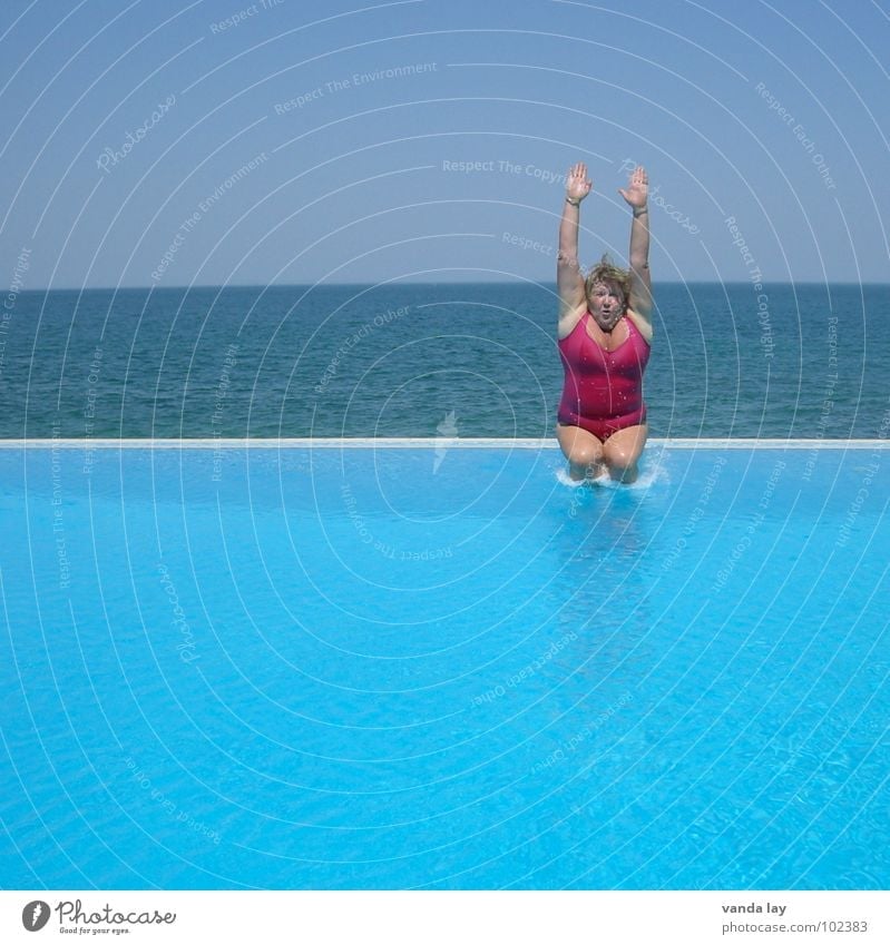 Candle half stretched Summer Swimming pool Vacation & Travel Ocean Swimsuit Bathroom Pink Jump Fat Woman Refrigeration Open-air swimming pool Sky blue Horizon