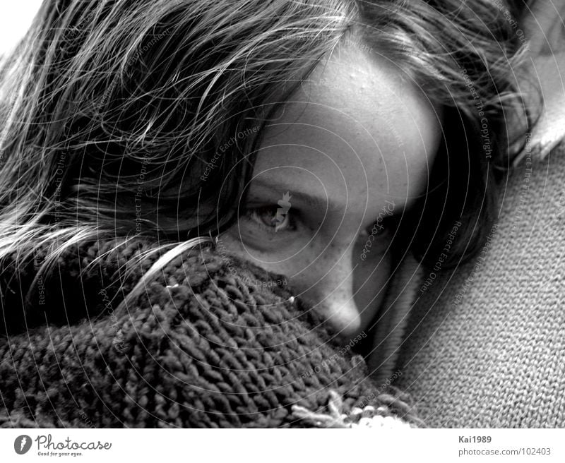 Sad memory Girl Sweet Grief Cuddling Sweater Safety (feeling of) Portrait photograph Distress Black & white photo Child Sadness Cry Eyes Tears