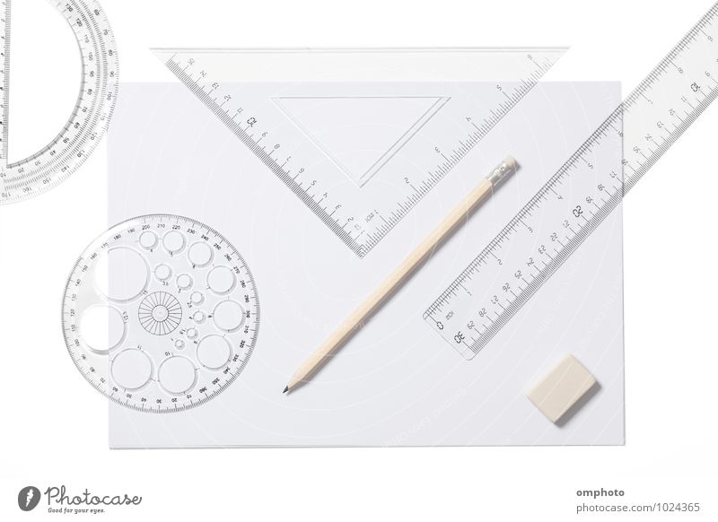 Several school supplies isolated on white background Desk School Accessory Paper Piece of paper Pen White sheets Ruler Triangle Pencil template Eraser tools