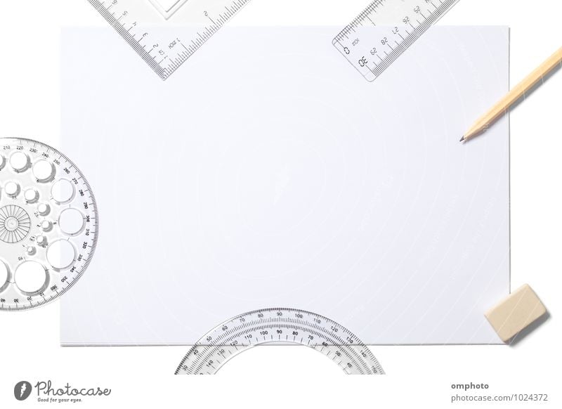 Blank white sheet and school supplies isolated on white Tool Accessory Paper Draw Write Above White Pencil Eraser Ruler Triangle template protractor empty