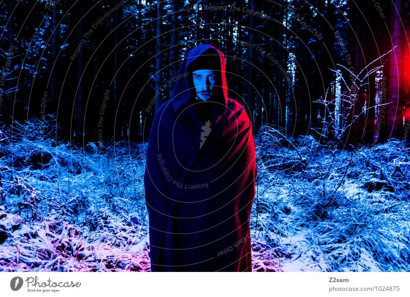 Dark Night Masculine Young man Youth (Young adults) 30 - 45 years Adults Nature Landscape Winter Bushes Forest Coat Creepy Cold Rebellious Blue Red Dream Anger
