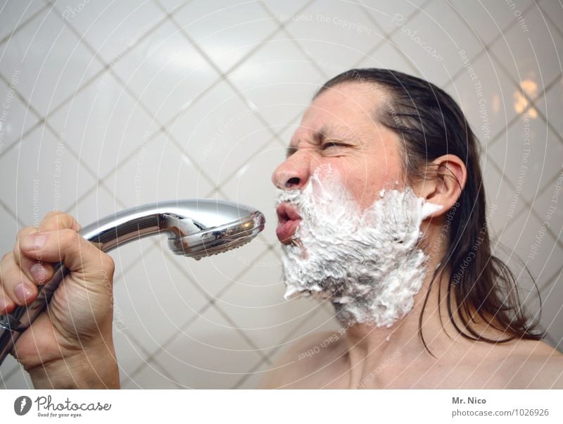 the voice of uk Bathroom Masculine Man Adults Face Designer stubble Personal hygiene Shower head Shower room Tile Sing Song Naked Shave Shaving cream