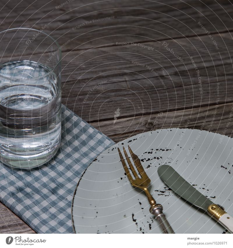 Fasting with water: an empty plate with knife and fork and a glass of water Food Nutrition Breakfast Lunch Dinner Picnic Diet Beverage Cold drink Drinking water