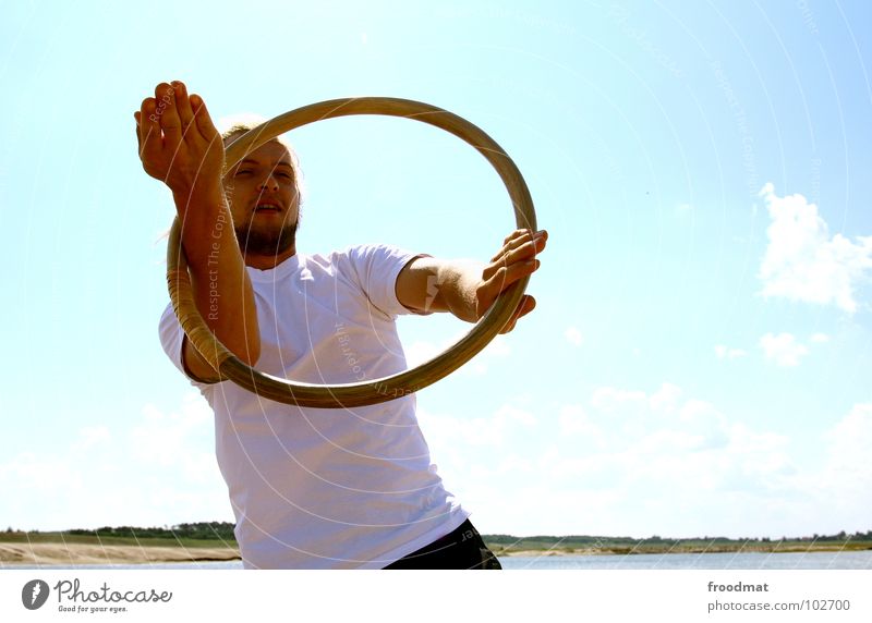 ring Beach Summer Clouds Lake Martial arts Practice Physics Anxious Concentrate Back-light Hot Facial hair Man Youth (Young adults) froodmat Sky Blue Circle