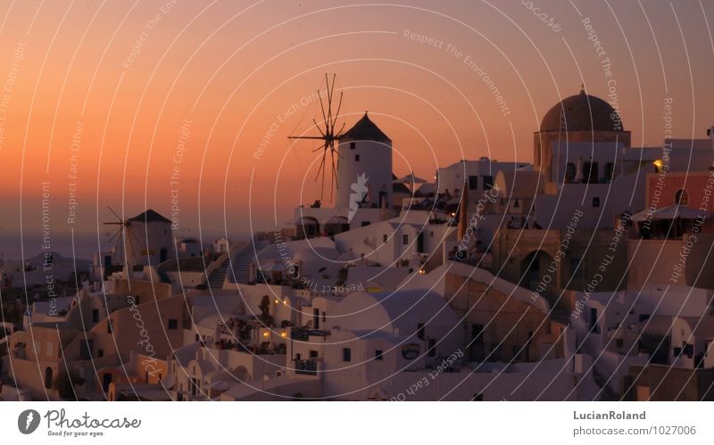 red sky behind the historical mill of Oia Relaxation Calm Vacation & Travel Historic Sky Cloudless sky Sunrise Sunset Sunlight Beautiful weather Santorini